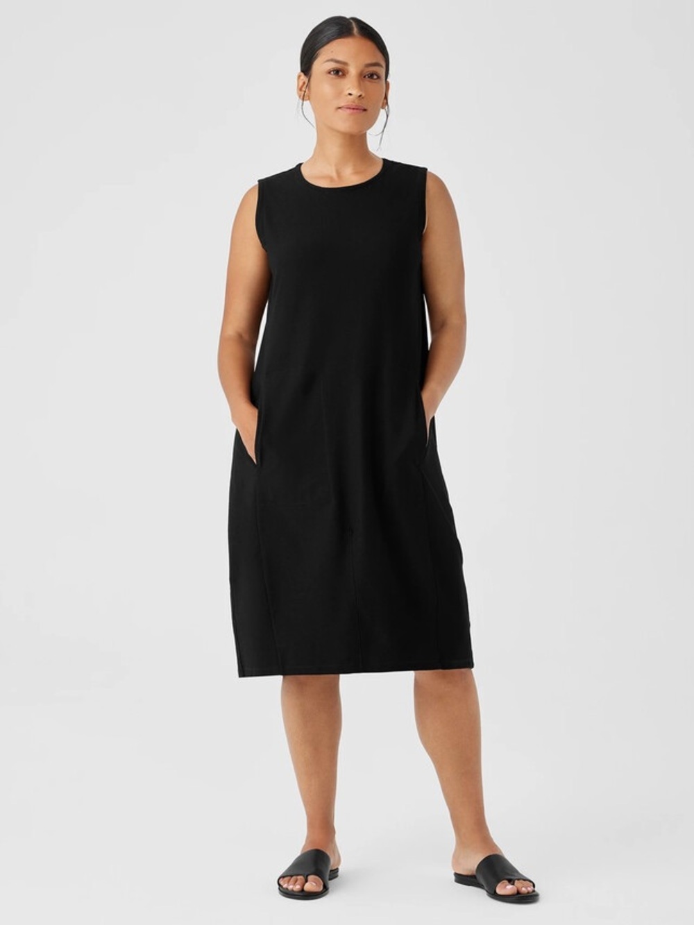 Eileen Fisher Black Organic Cotton Round Neck Sleeveless Midi Shift Dress